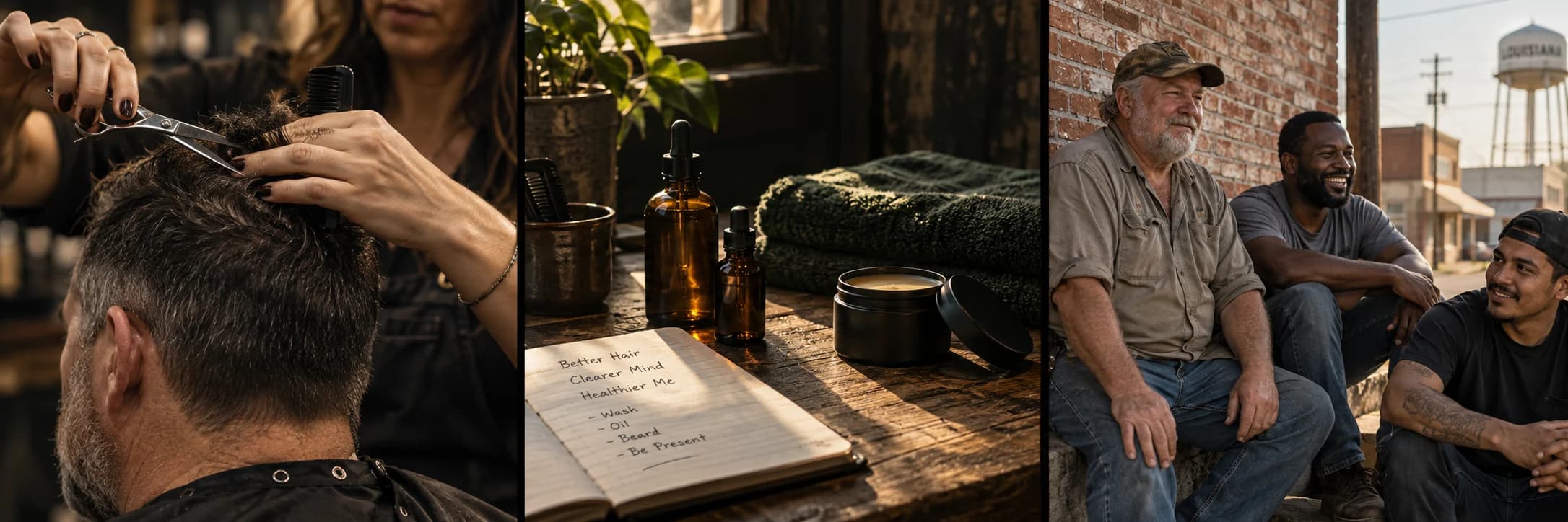 Concept scene of a grooming ritual at a table in warm Louisiana light